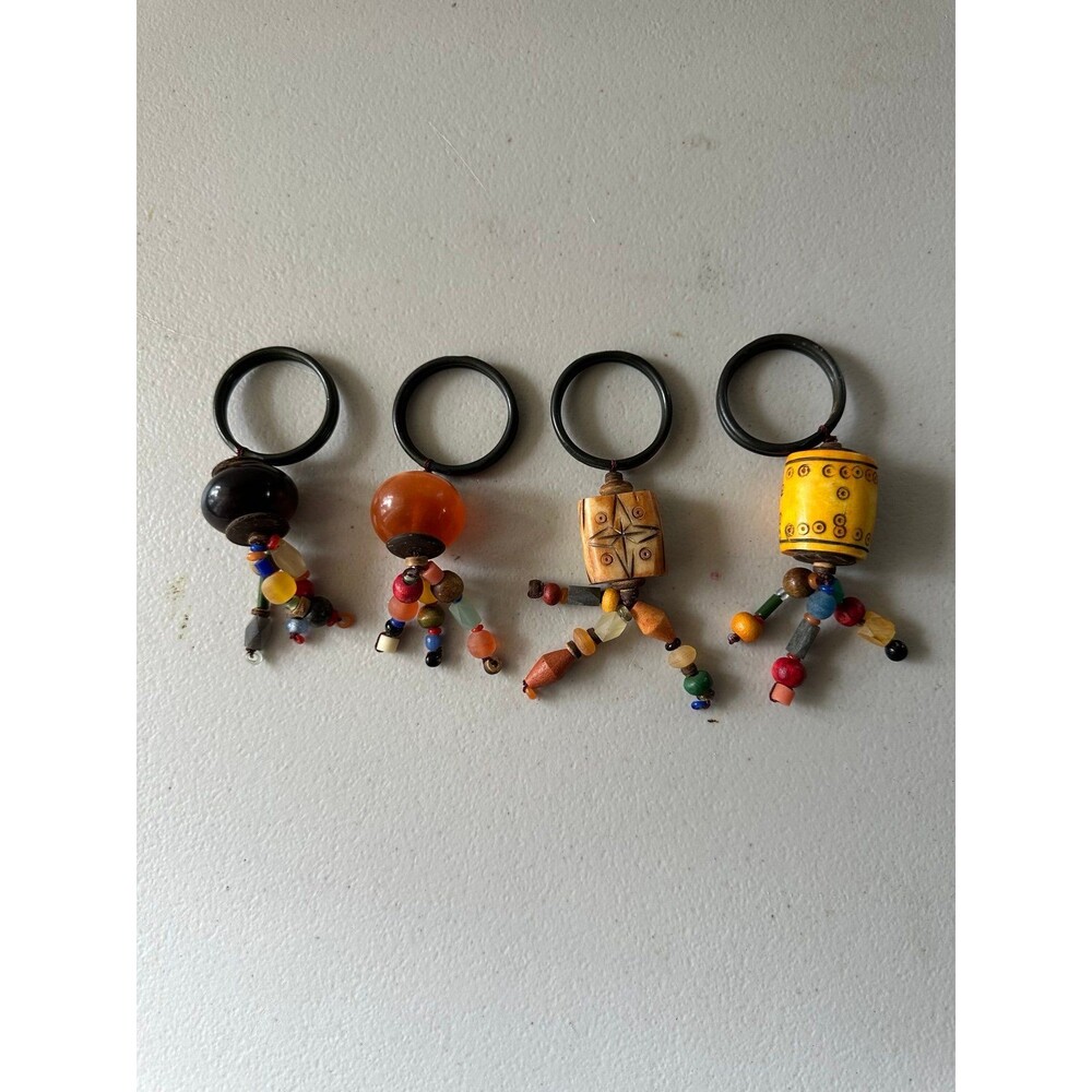 VTG Pier 1 Imports Bohemian Cultural Hand-Carved Beaded Set Of 4 Napkin Rings